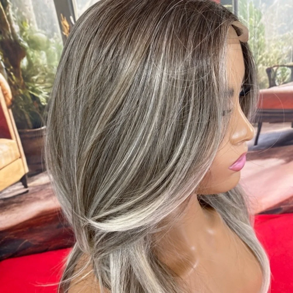center lace grey white mixed layered wig